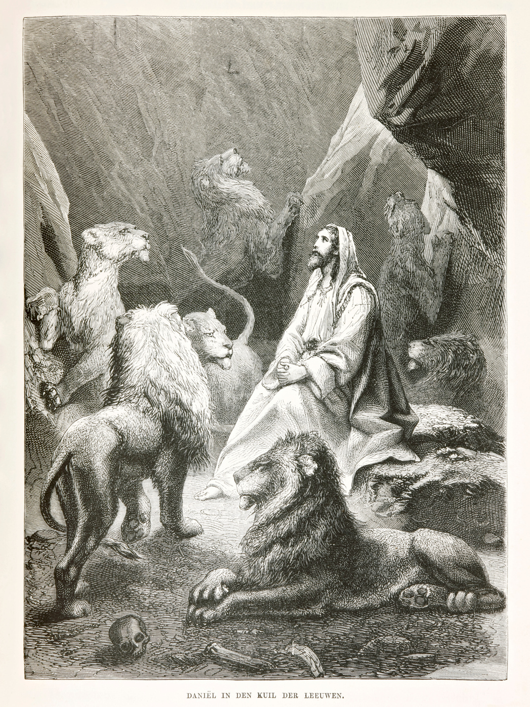 Biblical engraving of protagonist Daniel in the lions' den (1873)